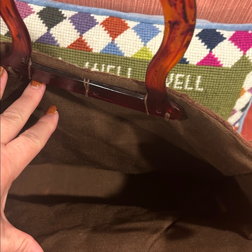Vintage Y2K Handcrafted Floral needlepoint Tote Bag with Brown Tortious Handles - Picture 3 of 3
